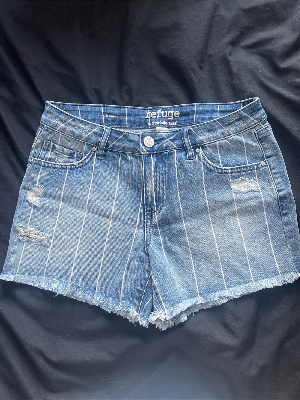 refuge Striped High-Rise Distressed Denim Shorts - Blue